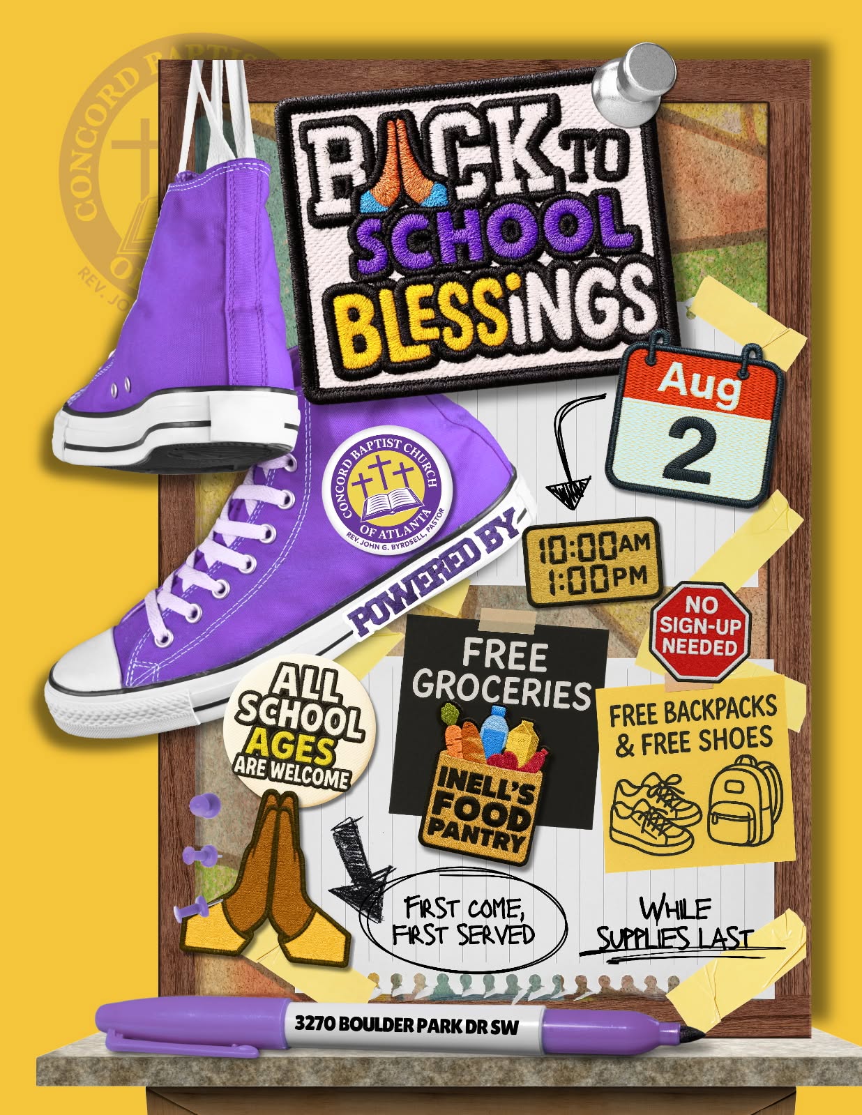 Back to School Blessings flyer, August 2, 10 AM to 1 PM, free groceries, backpacks and shoes