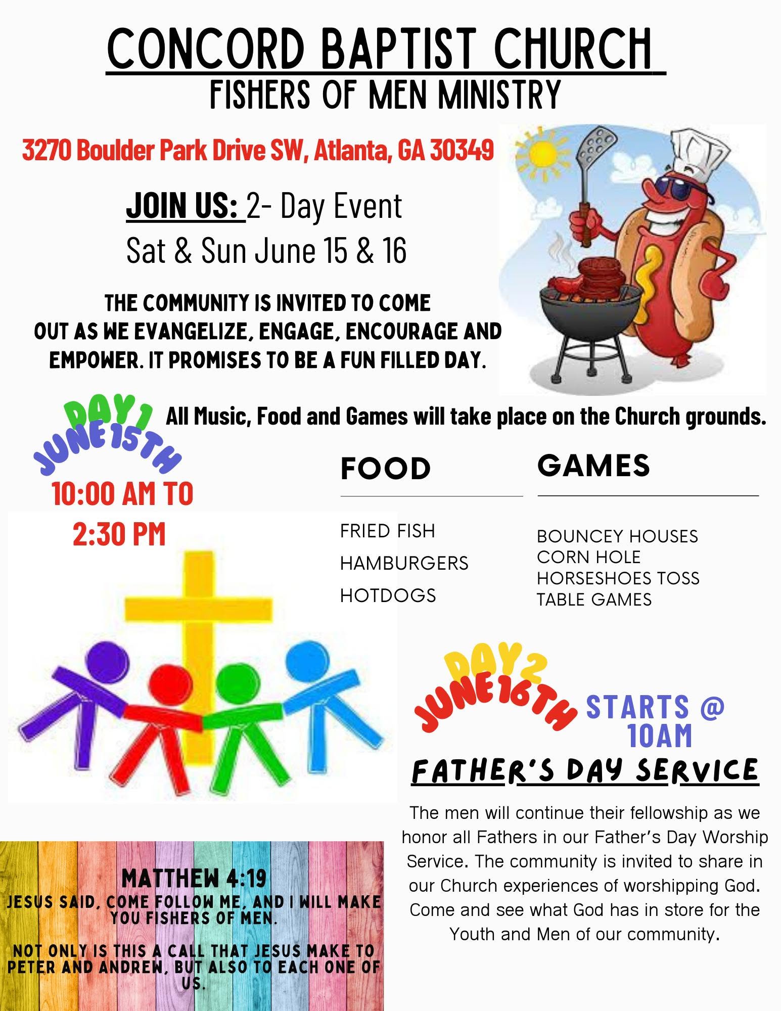 Fishers of Men Ministry two-day event flyer, June 15 and 16 with food, games and Father's Day service