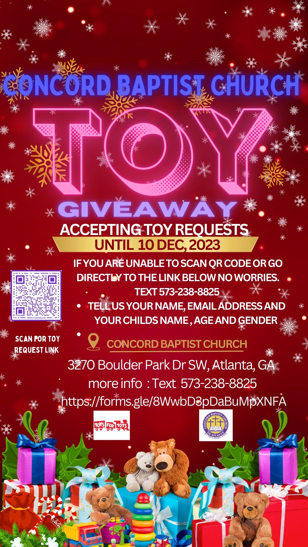 Toy Giveaway flyer accepting toy requests until December 10