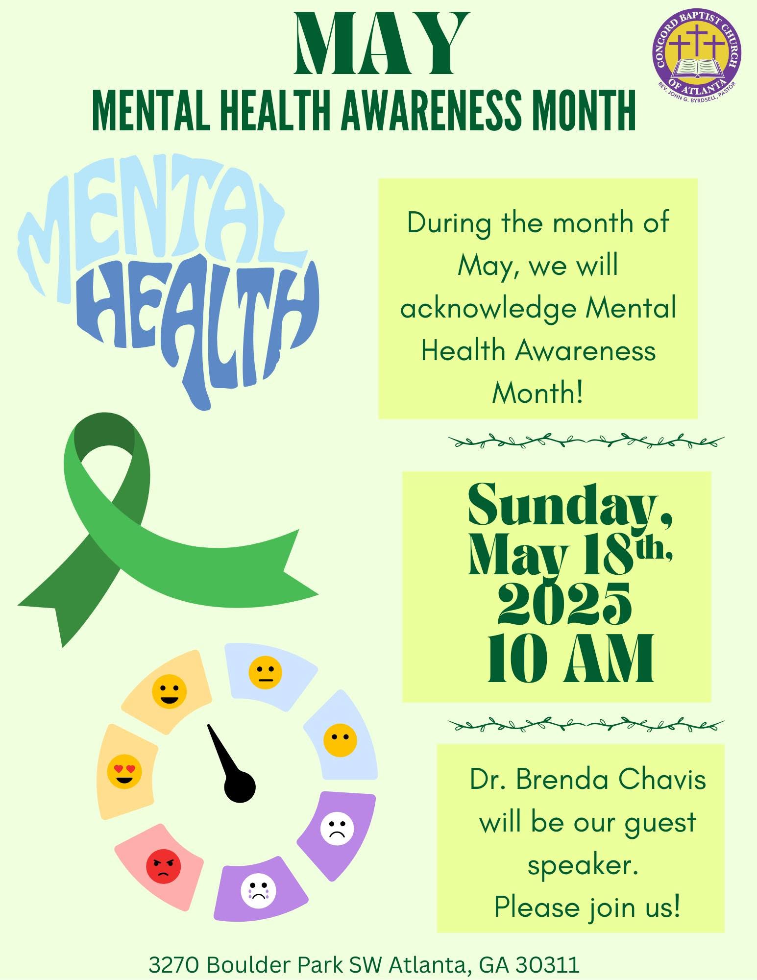 Mental Health Awareness Month flyer, Sunday May 18, 2025 at 10 AM