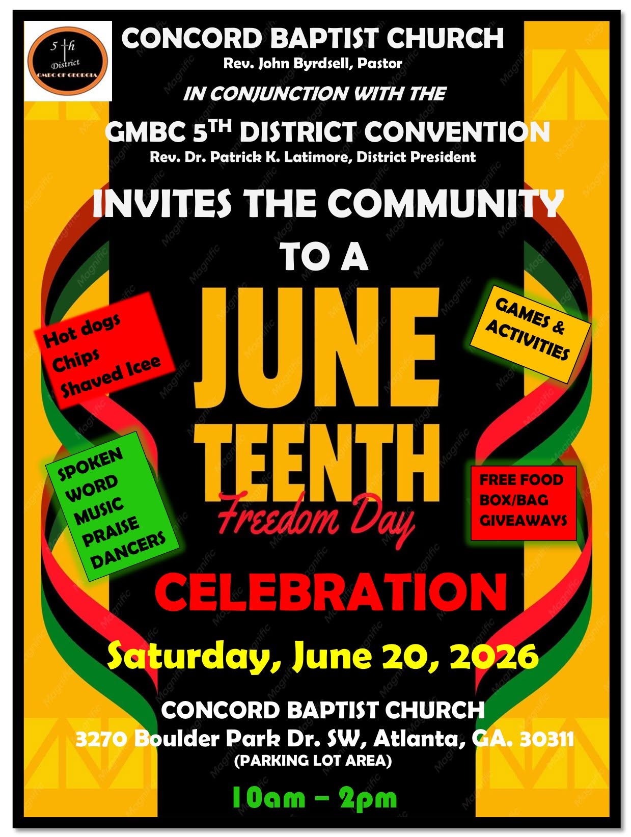 Juneteenth Freedom Day Celebration flyer, Saturday June 20, 2026, 10 AM to 2 PM