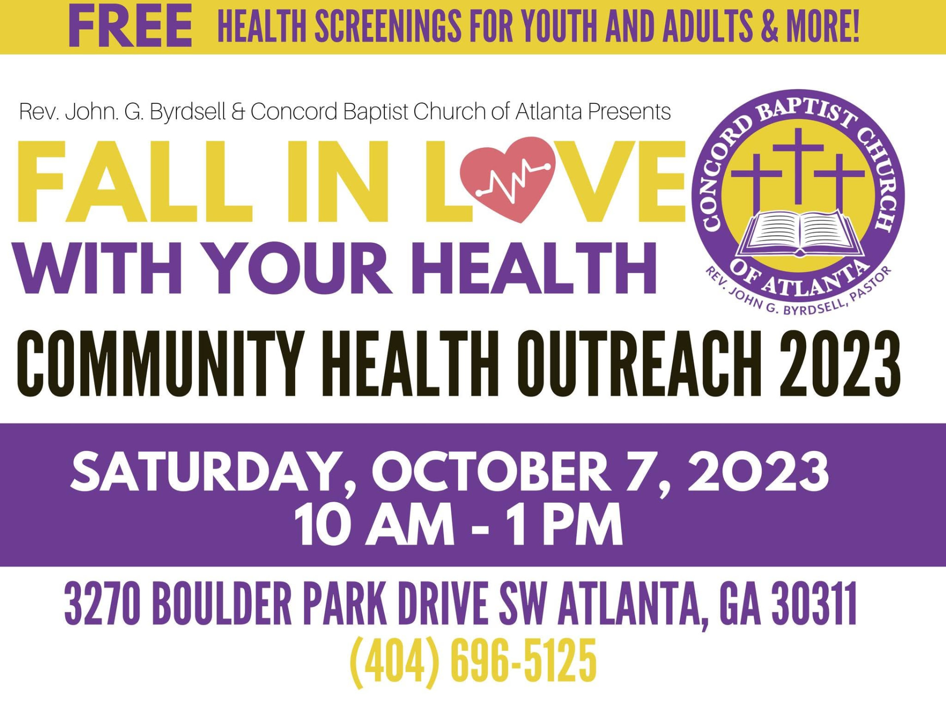 Fall In Love With Your Health community health outreach flyer, Saturday October 7, 10 AM to 1 PM