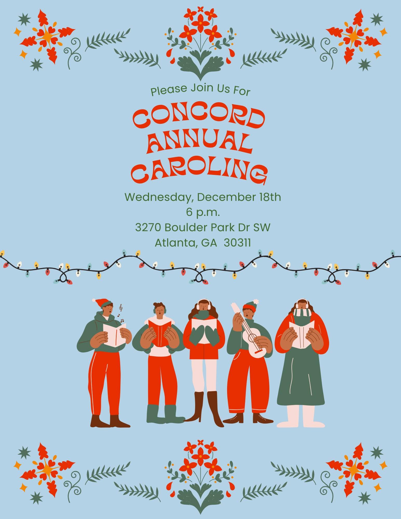 Concord Annual Caroling flyer, Wednesday December 18 at 6 PM