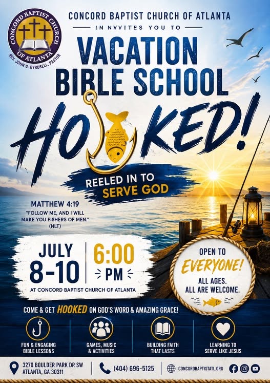 Vacation Bible School Hooked flyer, July 8 to 10 at 6 PM