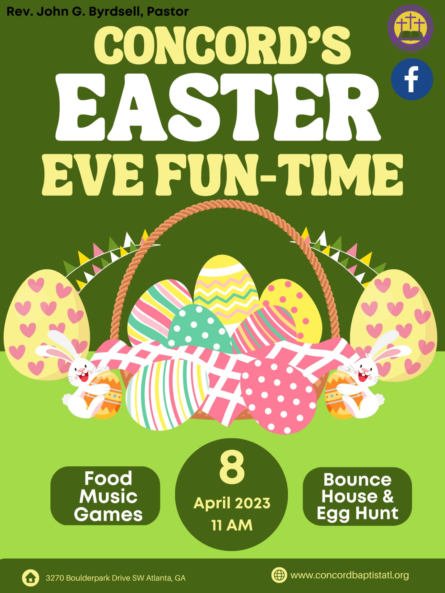Concord's Easter Eve Fun-Time flyer, April 8 at 11 AM with egg hunt and bounce house