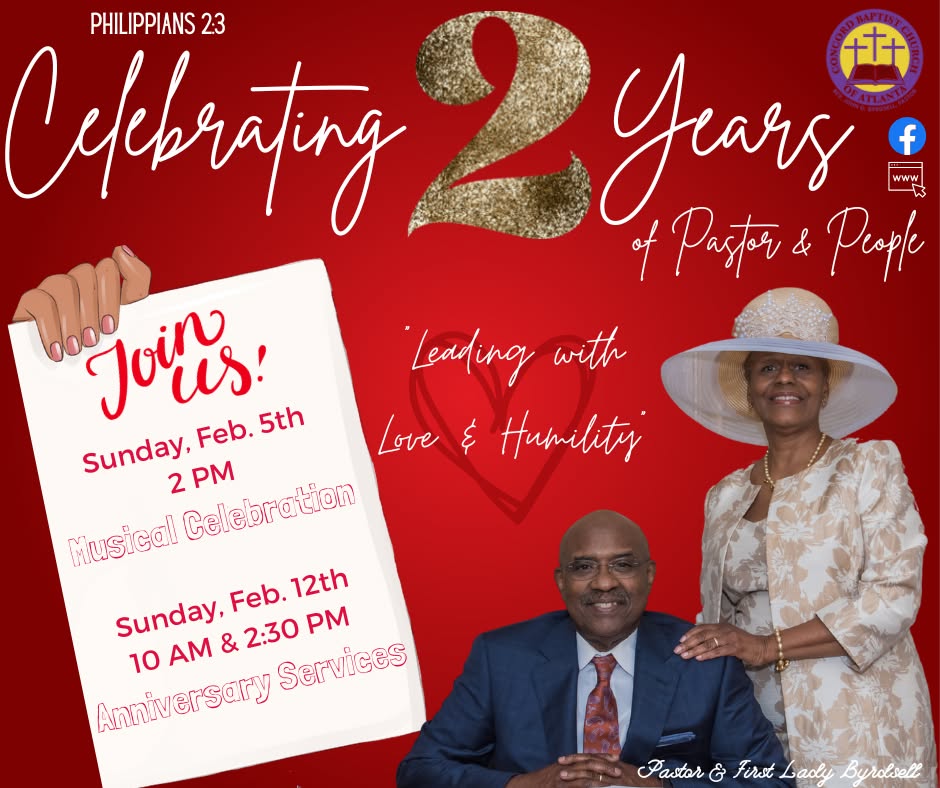 Celebrating 2 Years of Pastor and People flyer with anniversary services February 5 and 12