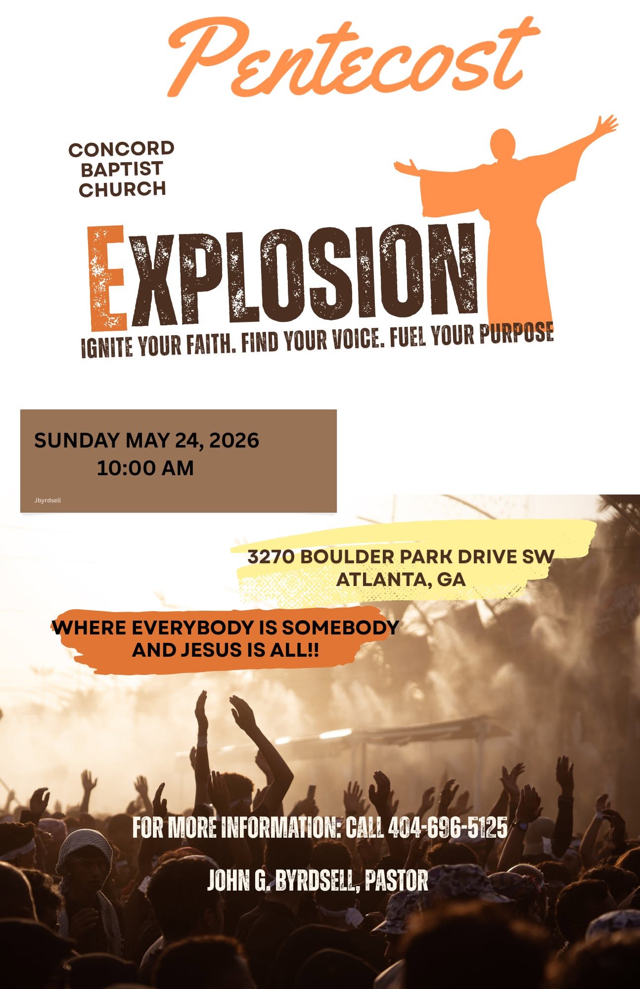 Pentecost Explosion flyer, Sunday May 24, 2026 at 10 AM