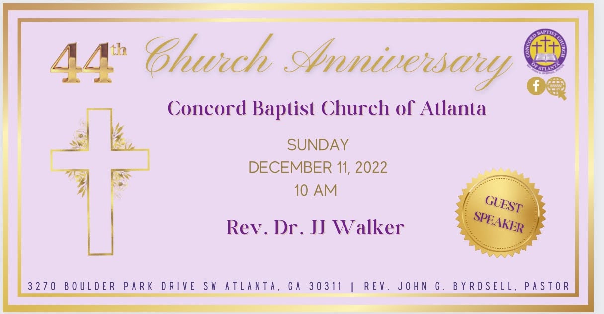 44th Church Anniversary flyer, Sunday December 11 at 10 AM with Rev. Dr. JJ Walker