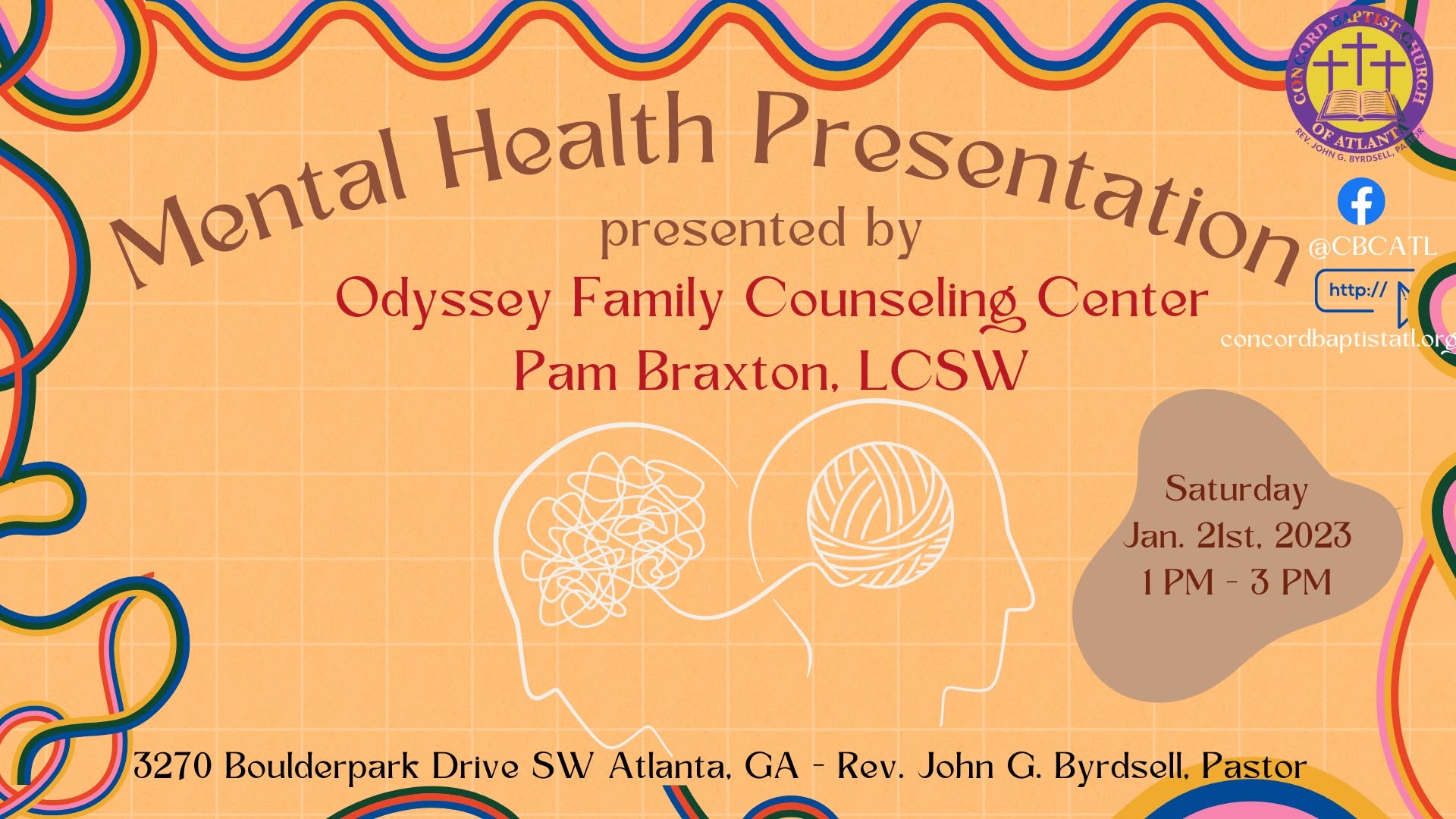 Mental Health Presentation flyer with Odyssey Family Counseling Center, Saturday January 21, 1 to 3 PM