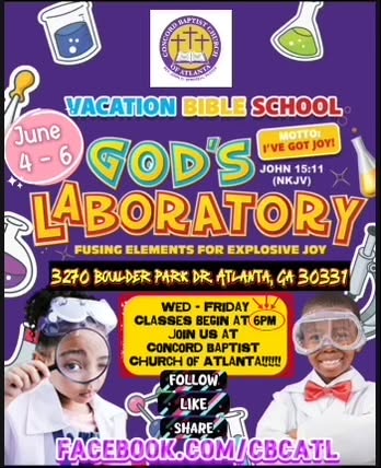 Vacation Bible School God's Laboratory flyer, June 4 to 6, classes begin at 6 PM