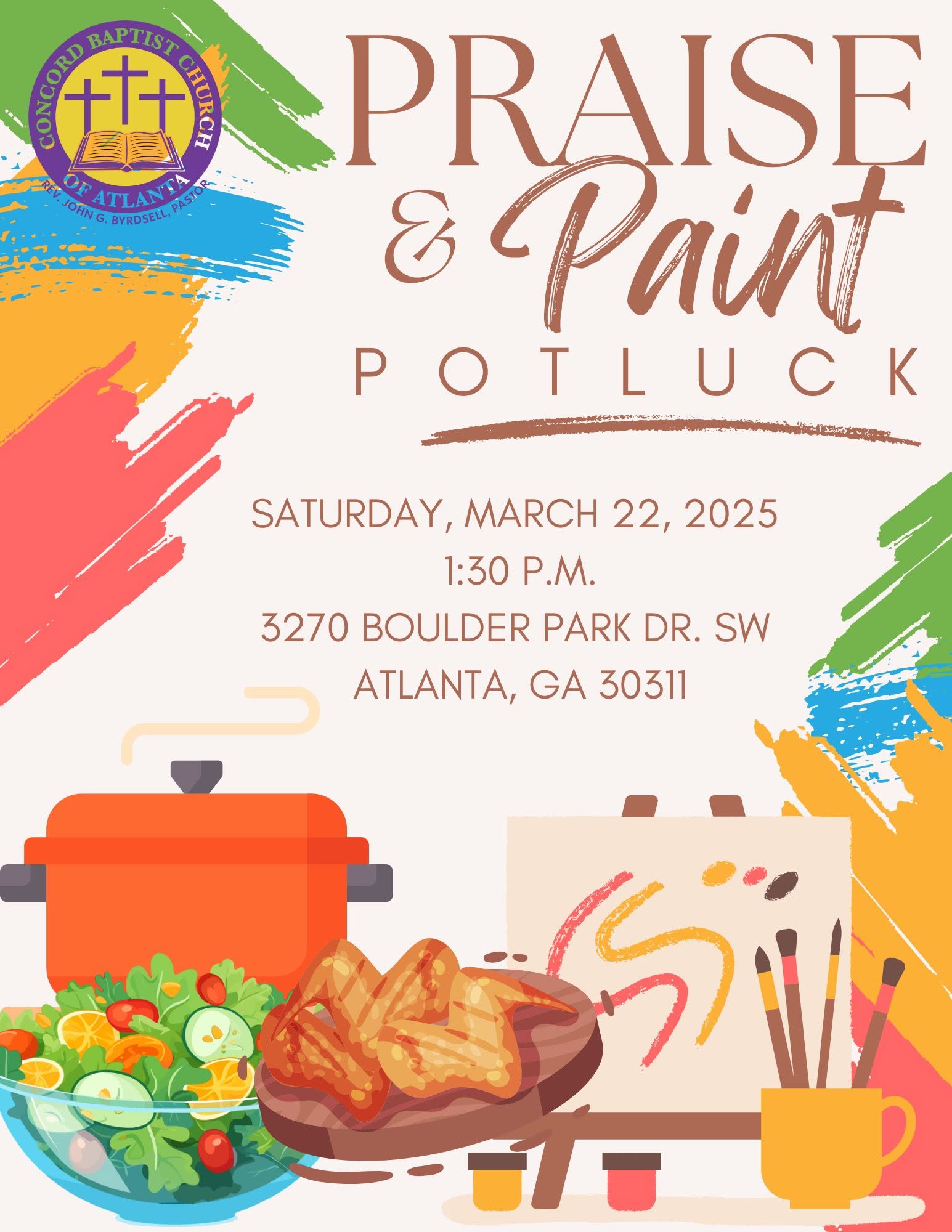 Praise and Paint Potluck flyer, Saturday March 22, 2025 at 1:30 PM