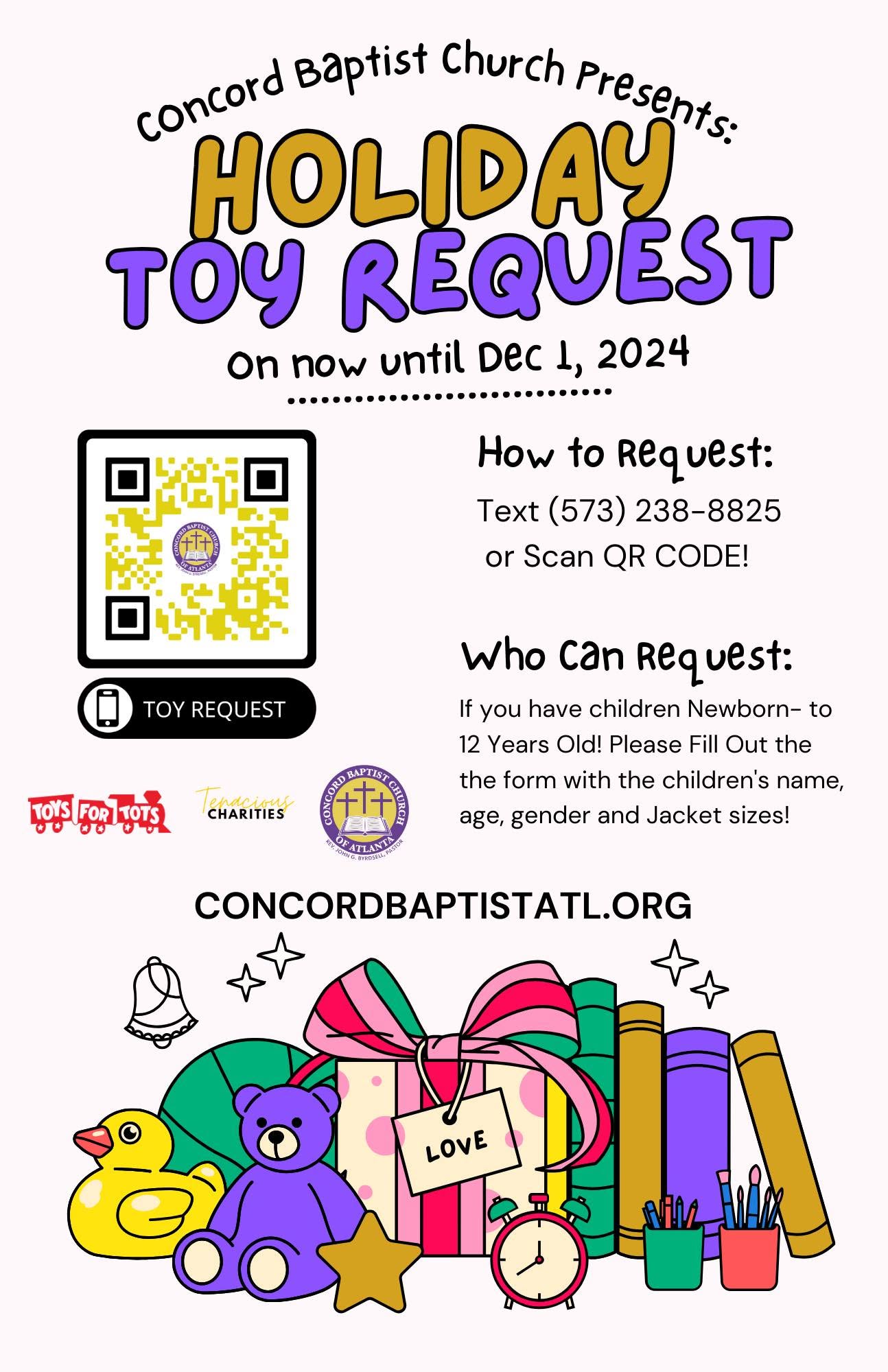 Holiday Toy Request flyer with QR code, requests open until December 1