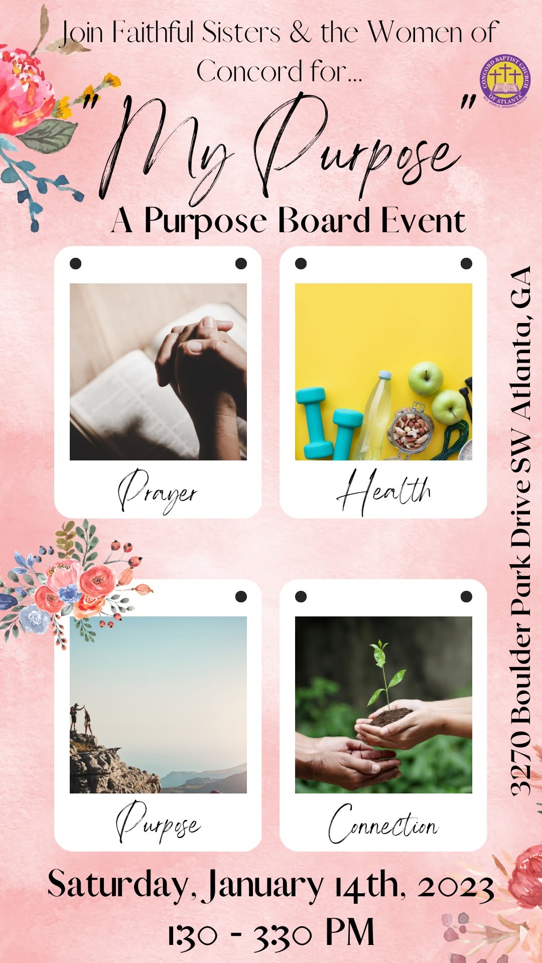 My Purpose board event flyer with Faithful Sisters, Saturday January 14, 1:30 to 3:30 PM