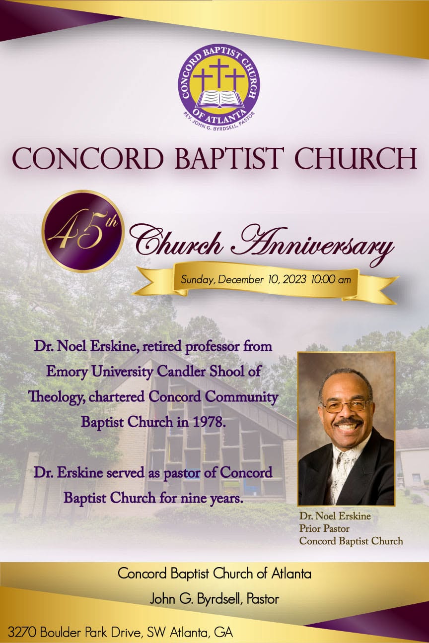 45th Church Anniversary flyer featuring Dr. Noel Erskine, Sunday December 10 at 10 AM