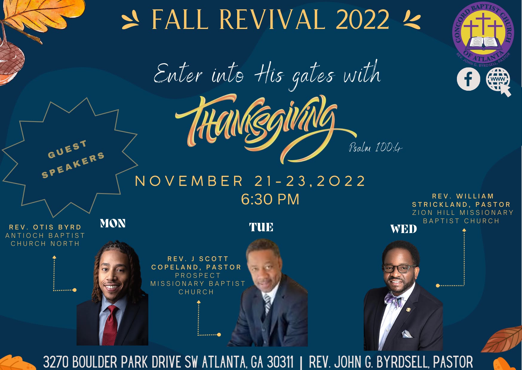 Fall Revival 2022 flyer, November 21 to 23 at 6:30 PM with three guest speakers